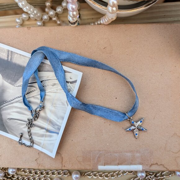 vintage Jewelry - Vintage 1990's Blue Ribbon Choker Necklace with Star Pendant